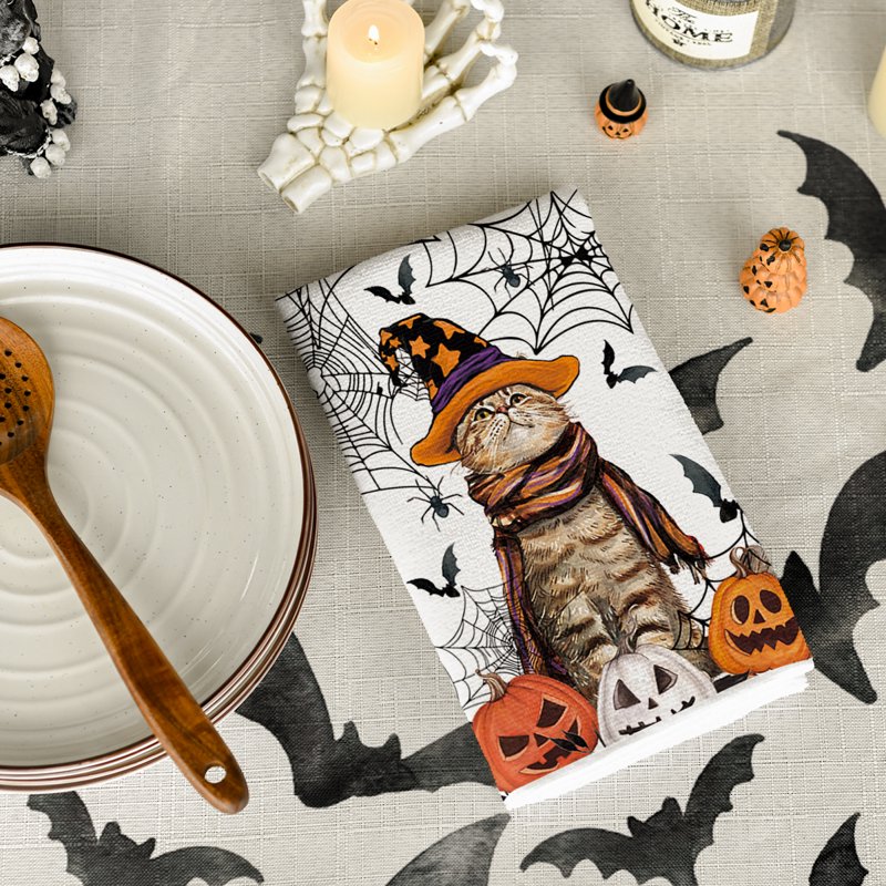 Halloween Spider Web Jack-O'-Lantern Pumpkin Kitchen Dish Towels Set of 2 - 18x26 Inch E