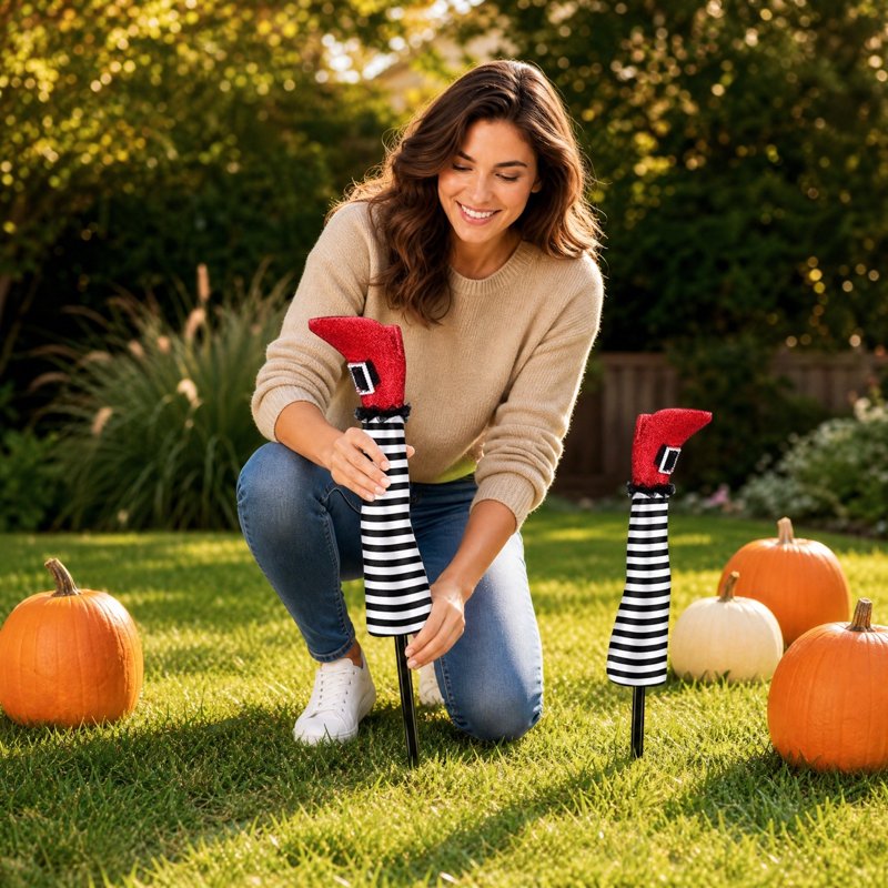 Halloween Witch Leg Yard Stakes with Glitter Shoes and Striped Stockings - White Variation
