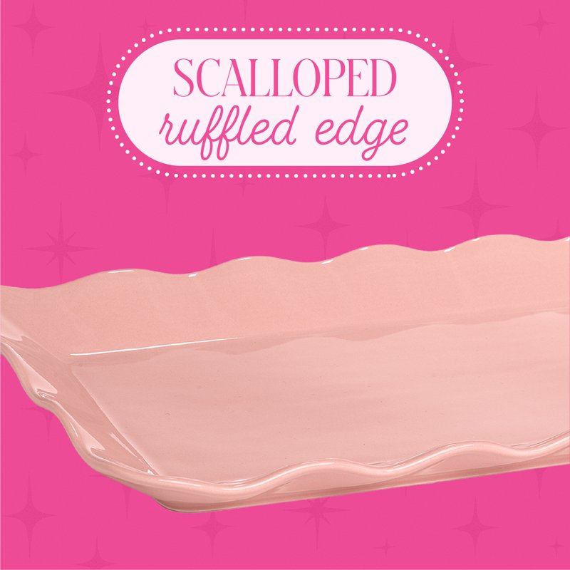 Stoneware Serving Tray Platter - Scalloped Ruffle Rim, Rose Pink, 14.5 x 7-inch