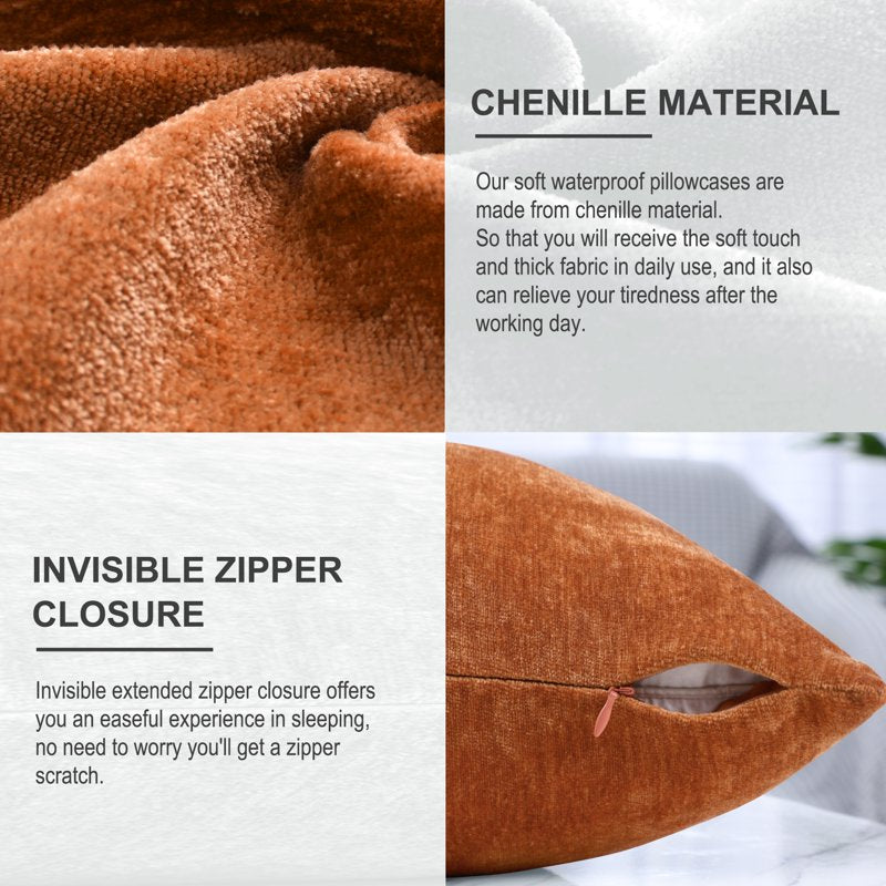 Water-Resistant Throw Pillow Cover 12x20 Burnt Orange Chenille Fabric