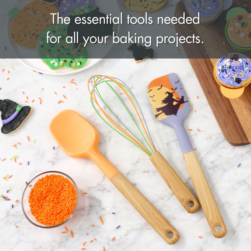 Halloween Baking Tool Set - 3-Piece Silicone Utensils with Faux Bamboo Handles