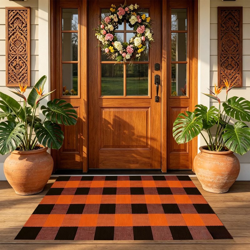 A1-Brown Thanksgiving Plaid Doormat - Large Washable Layered Entry Rug 19.6x31.5in