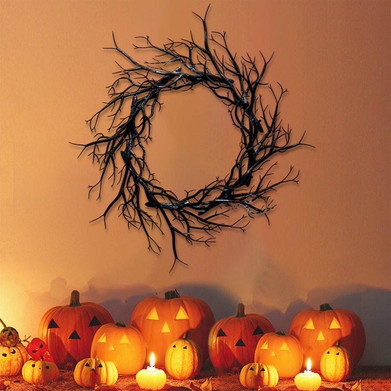 Halloween Wreath - 18 Inch Black Bare Branch Gothic Decor with Bats - Variation B