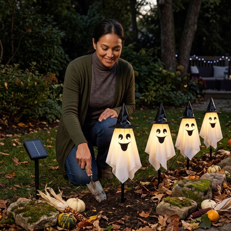 LED Ghost Yard Stake Light with Witch Hat - Battery Powered Halloween Decor - Variation 1#K
