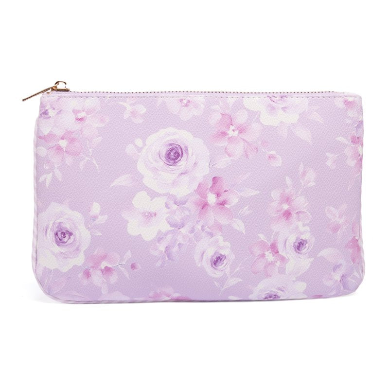 Purple Floral Large Zipper Pouch - Versatile Makeup & Travel Bag