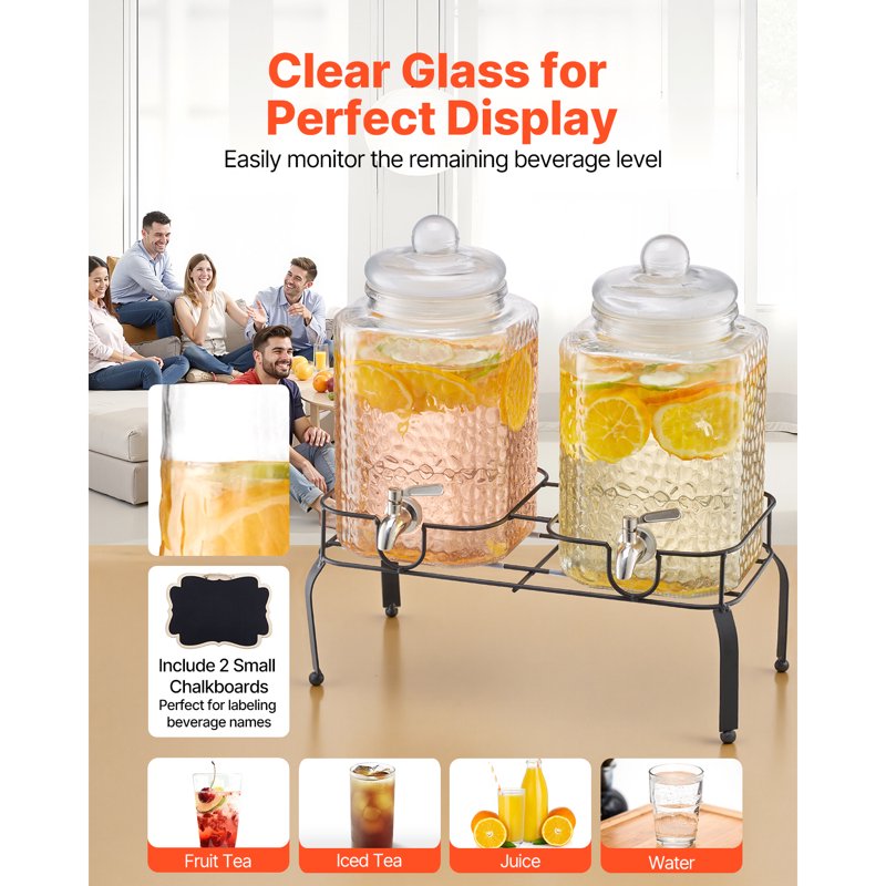 2-Pack 1.5-Gallon Glass Beverage Dispensers with Metal Stand
