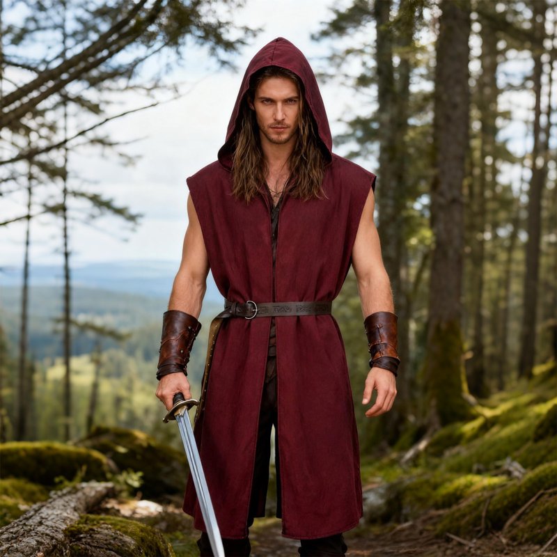 Men's Medieval Viking Cosplay Costume Set Hooded Robe & Belt - XL, Wine
