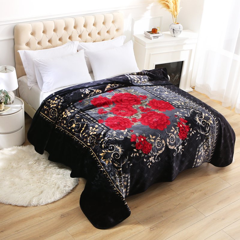 Heavy Thick Fleece Blanket King Size - Black & Burgundy Floral Printed Winter Throw - 85x95, 9lbs, Soft Raschel Plush Bed Cover with Floral Design