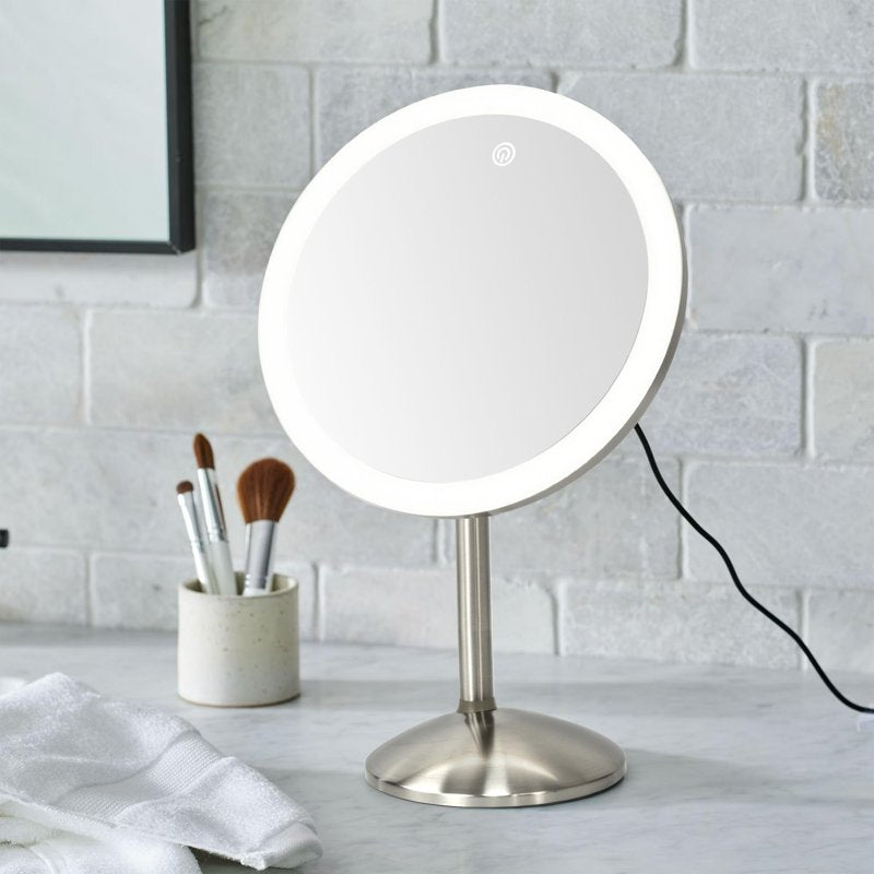 Satin Nickel LED Vanity Mirror - Adjustable Tilt Grooming Mirror