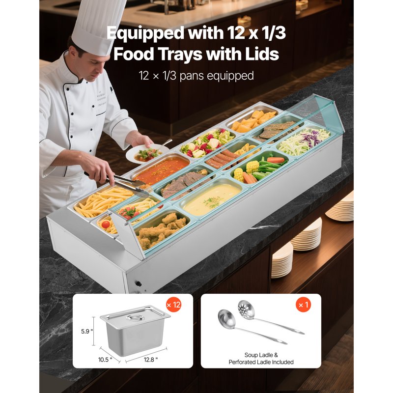 1700W Electric Food Warmer - Stainless Steel Steam Table with Glass Lid