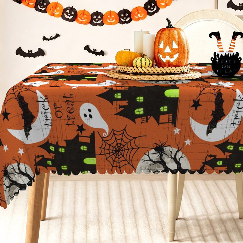Halloween Orange Tablecloth with Ghost Bat Castle Design - 54x72 Inch, Holiday Party Decor