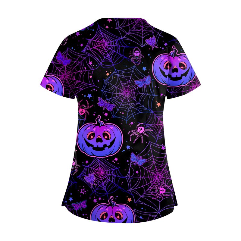 Plus Size Halloween Printed Scrub Top XL Dark Purple Nurse Uniform with Pockets
