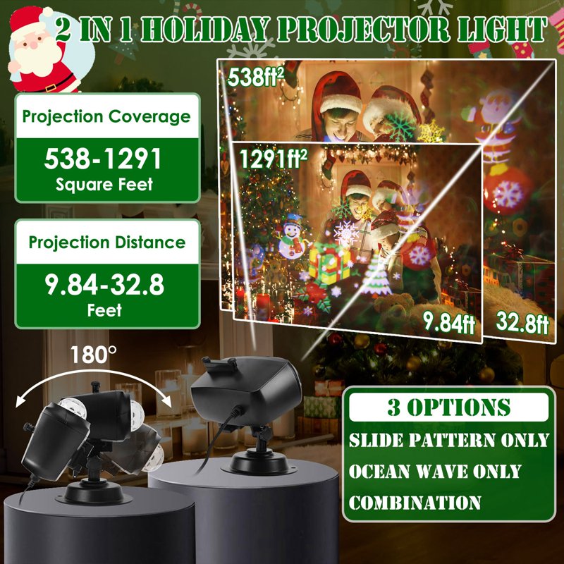 Holiday Projection Lights with 10-Color Ocean Wave & Festive Slides - Indoor/Outdoor LED Lamp
