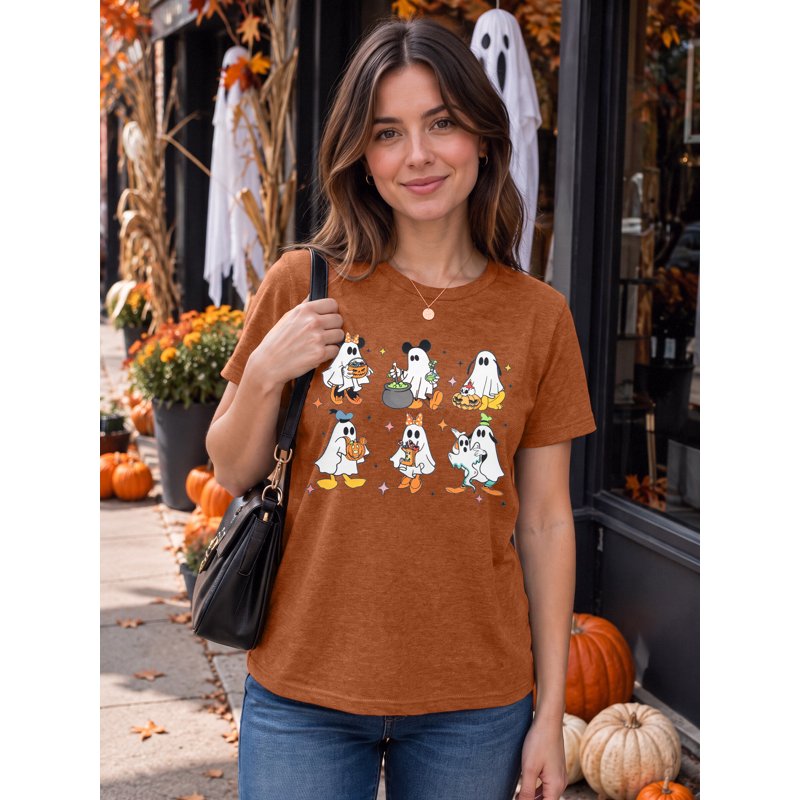 Women Halloween Pumpkin Ghost Graphic T-Shirt - Brown M