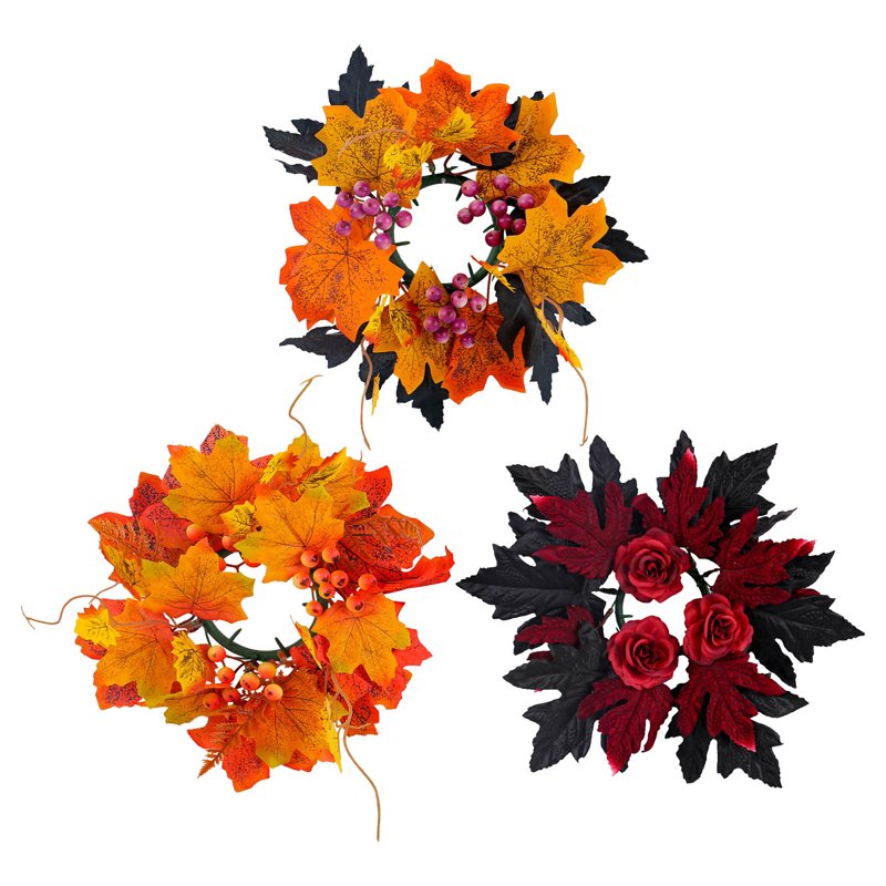 Halloween Wreath with Maple Leaves & Roses - Outdoor Indoor Fall Decor - Variation B