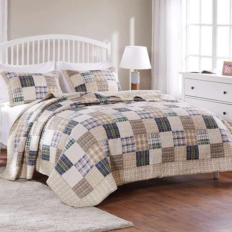 Twin XL Reversible Cotton Quilt Set - Taupe, Oxford Plaid Pattern