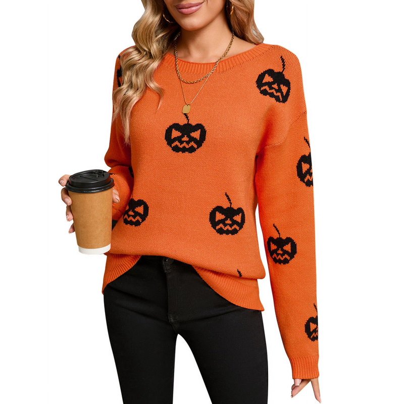Halloween Pumpkin Ghost Print Women Sweater - Loose Knit Crewneck Pullover, Orange, S