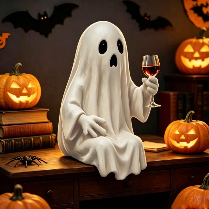 Halloween Ghost Figurine - Cute Drinking Ghost with Goblet - Variation D