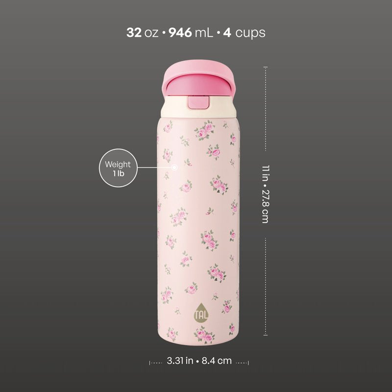 32oz Stainless Steel Water Bottle with Straw & Chug Lid - Pink Flowers