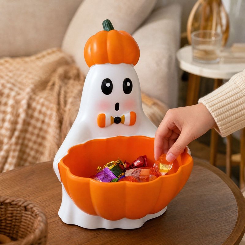 Halloween Ghost Candy Bowl with Pumpkin Hat - 017 Variation - Resin Spooky Party Decor