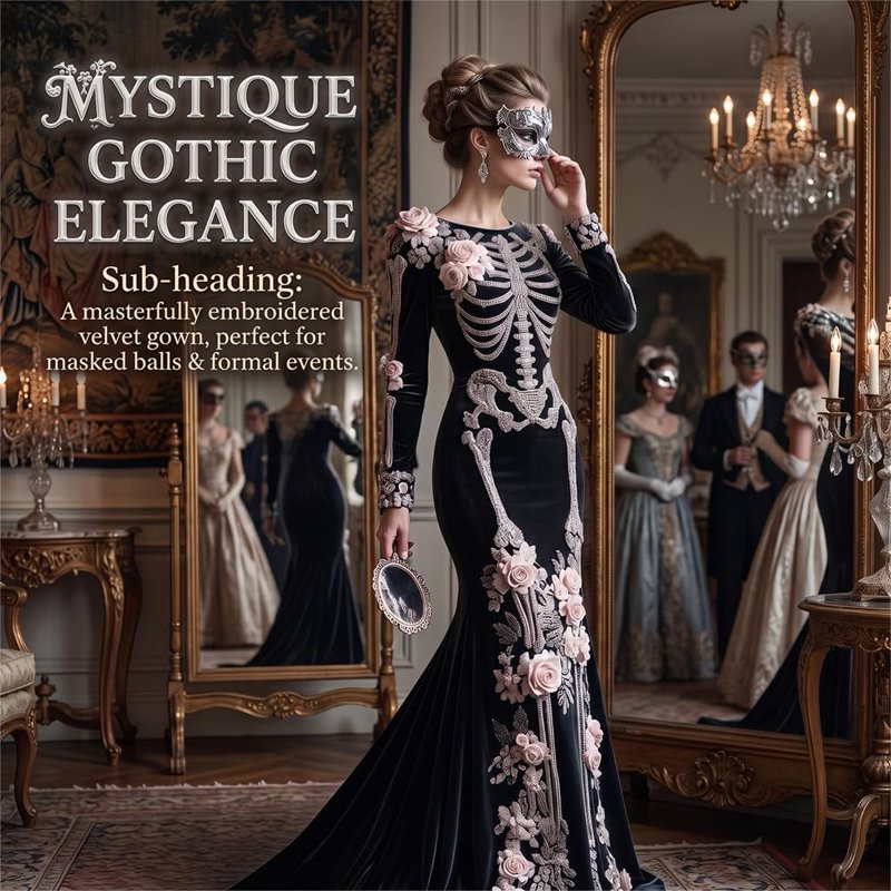 Black Gothic Skeleton Maxi Dress for Women - Vintage Bone Floral Print, 5XL