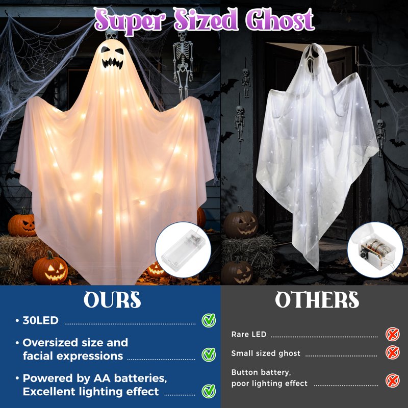 Halloween Ghost Decor Light Set - White, 48-Inch Hanging Ghosts with LED Lights, Outdoor Yard & Garden Decoration