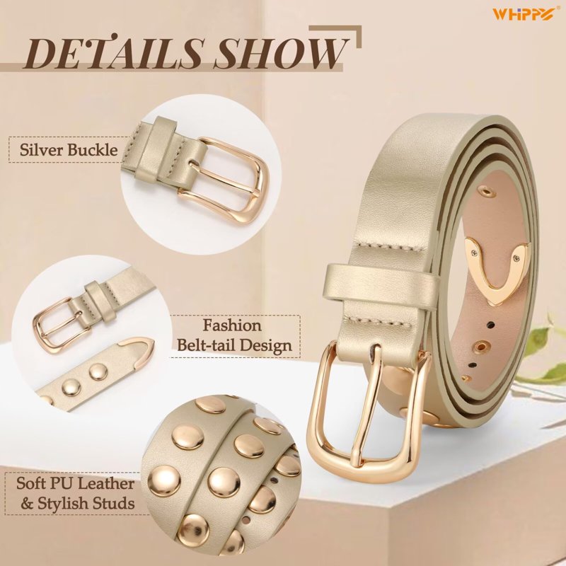 Women's Leather Belt for Jeans & Dresses - Gold, Fits 32-36 Inches - Studded PU Belt