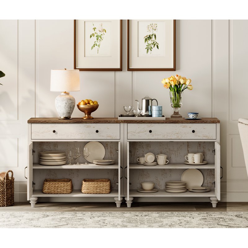 Large Buffet Cabinet - 8 Doors & 4 Drawers, Rustic White, 135 Inch
