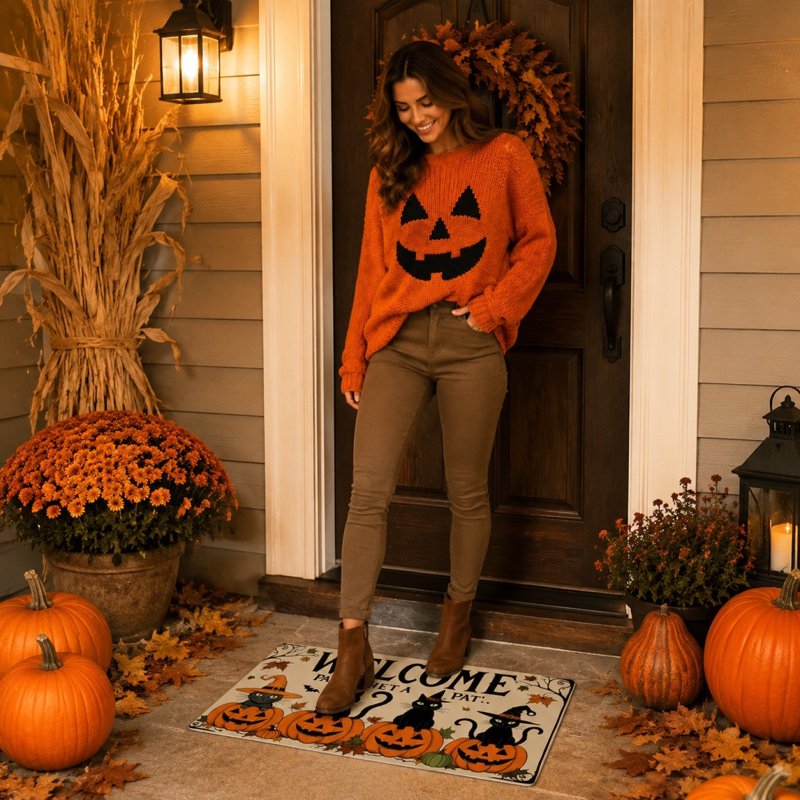 Halloween Doormat with Pumpkins & Ghosts - Non-Slip Absorbent Floor Mat, 15.8x23.6 Inch, Easy to Clean, T Variation