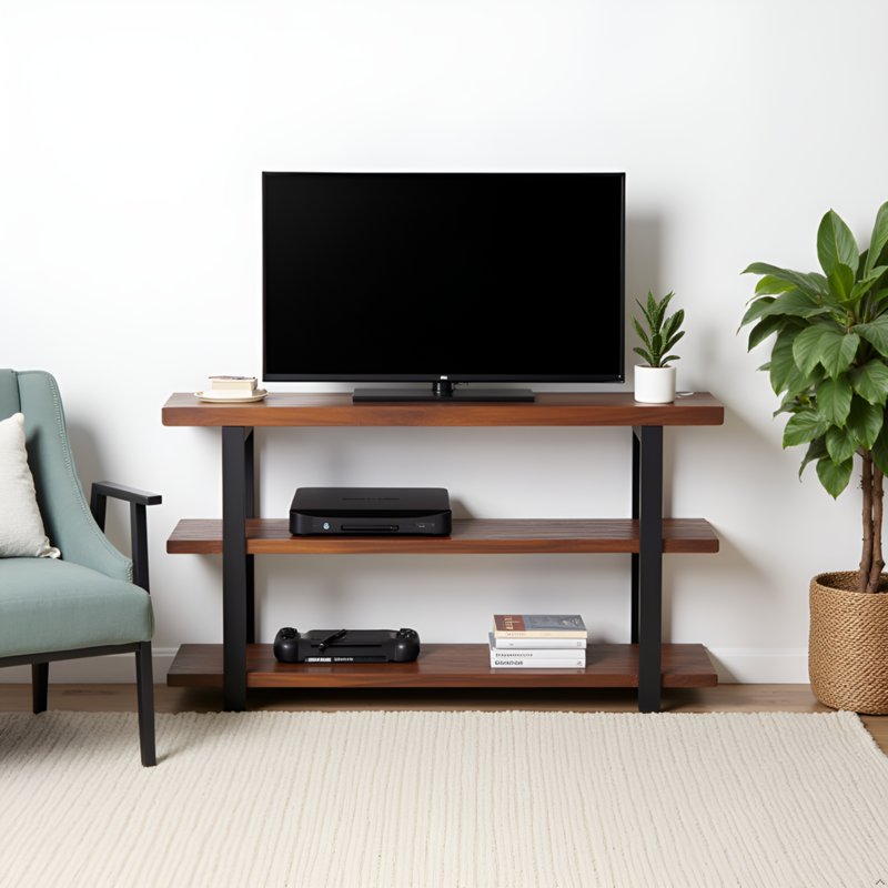 Rustic 48-Inch Solid Pine Wood Media Console Table with Metal Legs