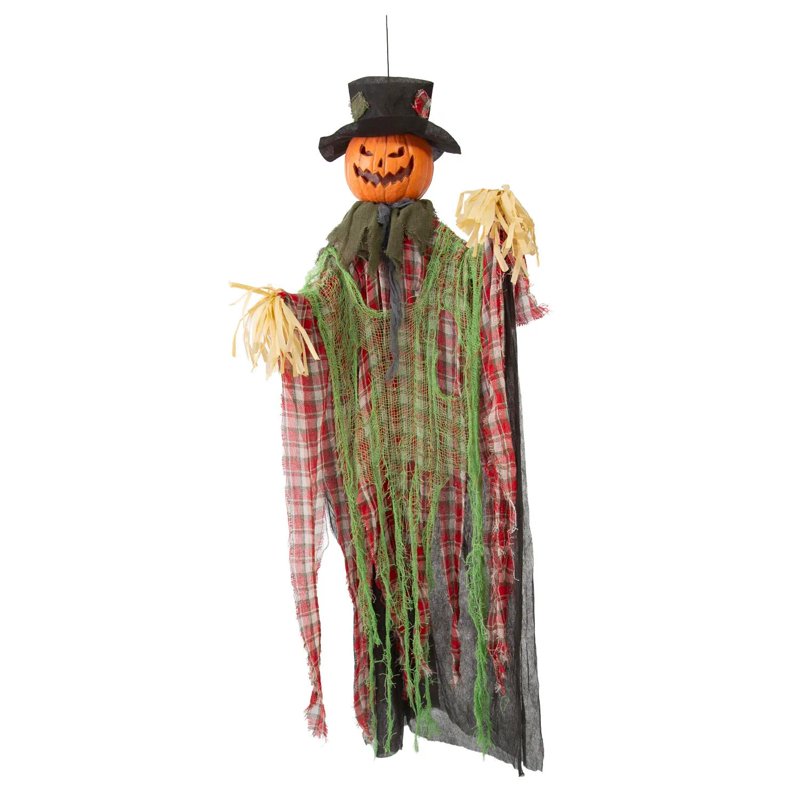 Halloween Hanging Pumpkin Man Decoration with Red Checkered Shirt - Animated Fall Decor
