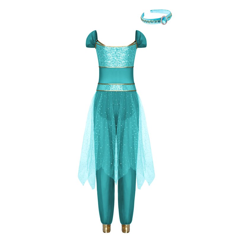 Women's Princess Cosplay Jumpsuit Belly Dance Romper with Headwear - Turquoise L