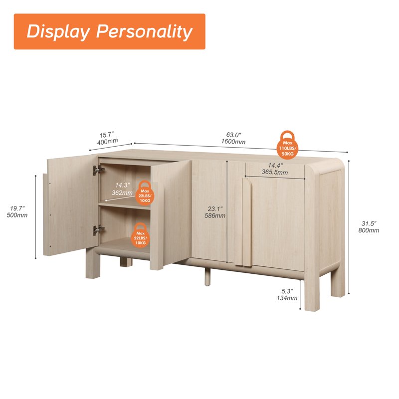 63" Modern Accent Cabinet with 4 Doors & Adjustable Shelves - Beige