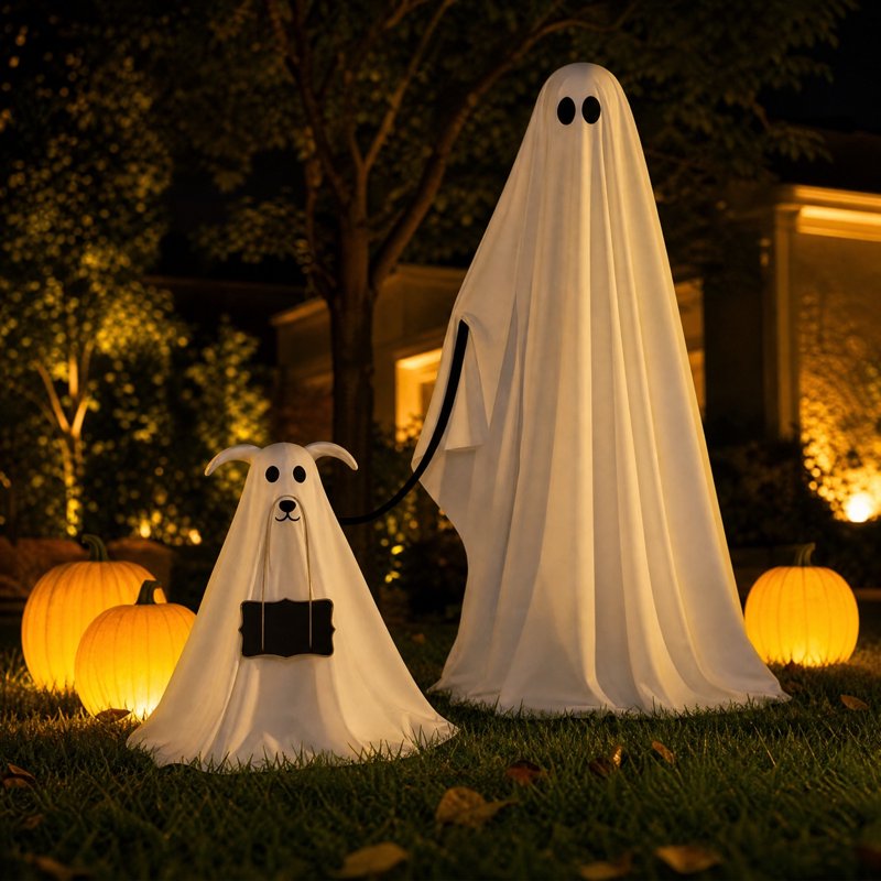 Ghost Walking Dog Halloween Yard Decor - 2.1 Ft Adjustable Standing Ghost and Dog Set - Modern Farmhouse Style - Variation 5A