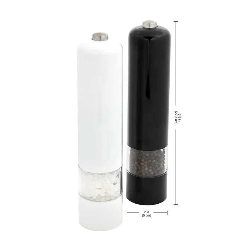 8-Inch Battery Operated Prefilled Salt & Pepper Grinder Set - Black & White