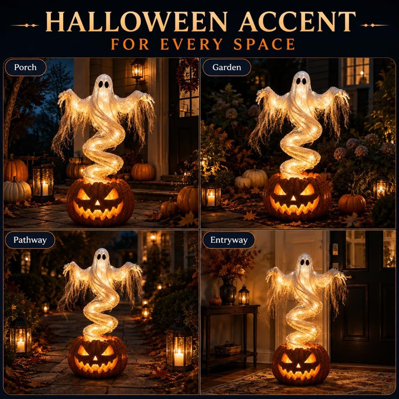 Swirling Ghost Pumpkin Yard Lamp - Outdoor Rotating Porch Decoration - Variation 1