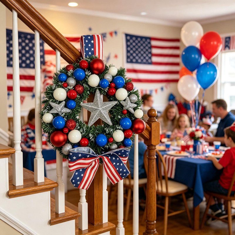 Patriotic Wreath Decorations - Independence Day Red, White & Blue Wreath - Outdoor Indoor Decor - Variation 0E