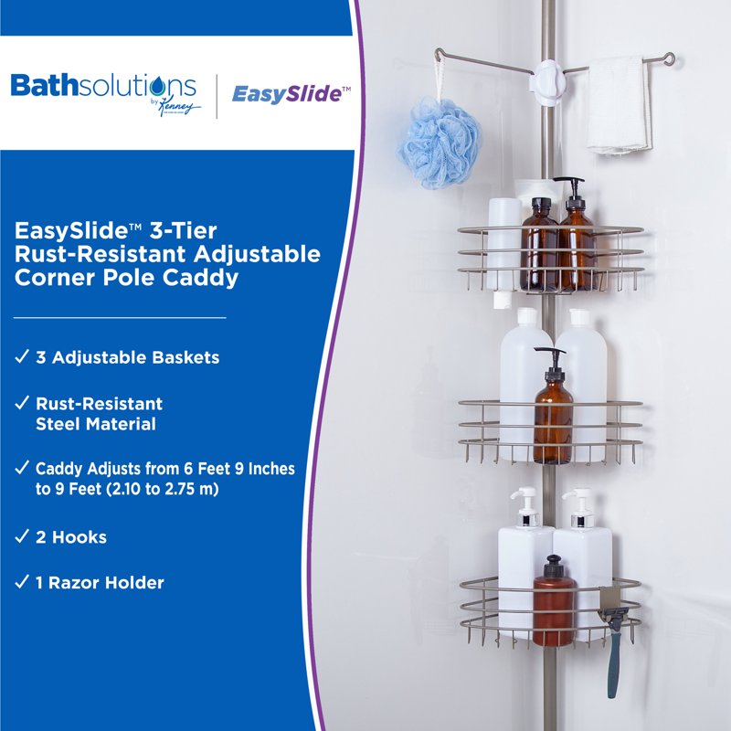 Adjustable Corner Shower Caddy with Rust-Resistant Steel and Brushed Nickel Finish