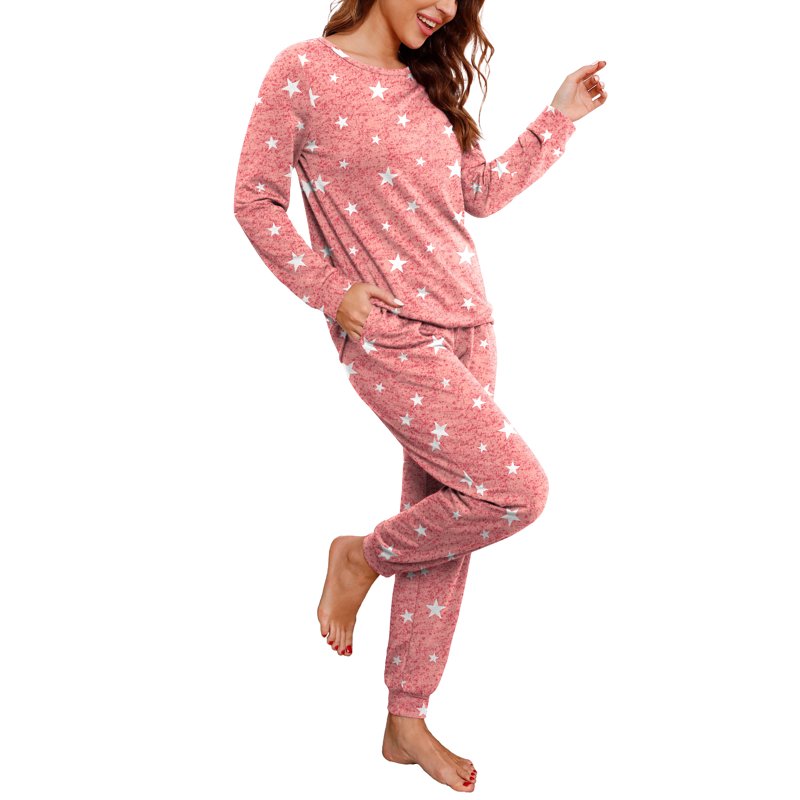 Women's Pajama Set Long Sleeve Sleepwear Lounge Sets with Pockets - White Star Red, S