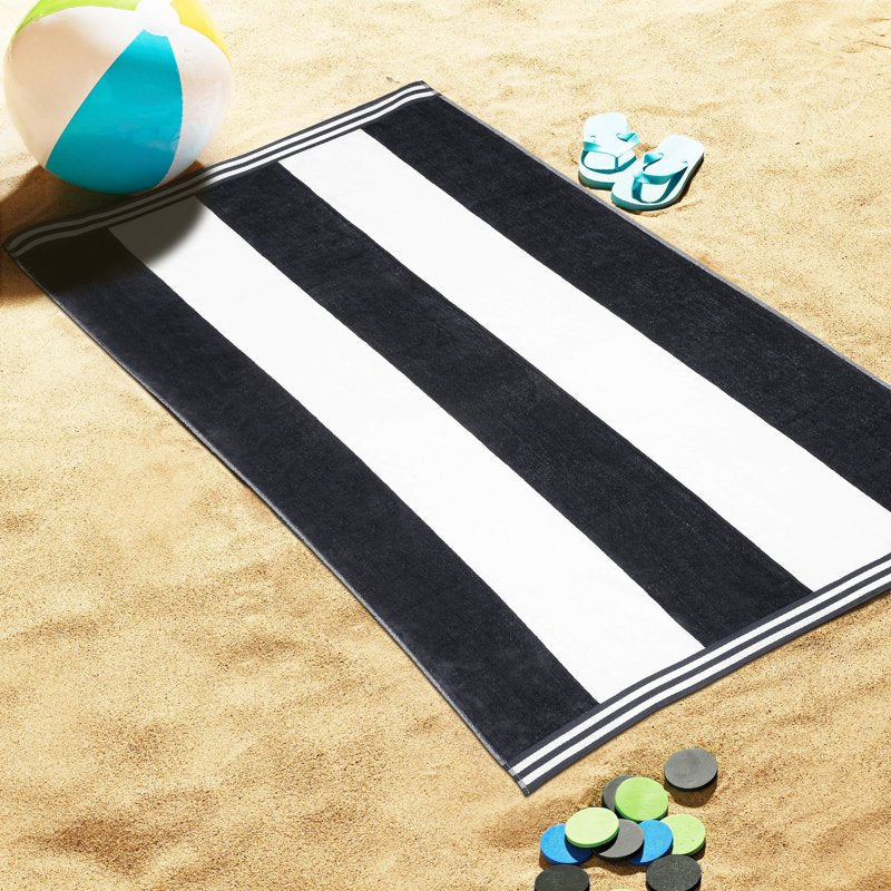 Oversized Cotton Beach Towel Set - Charcoal 4-Pack, Cabana Stripe, Quick-Dry