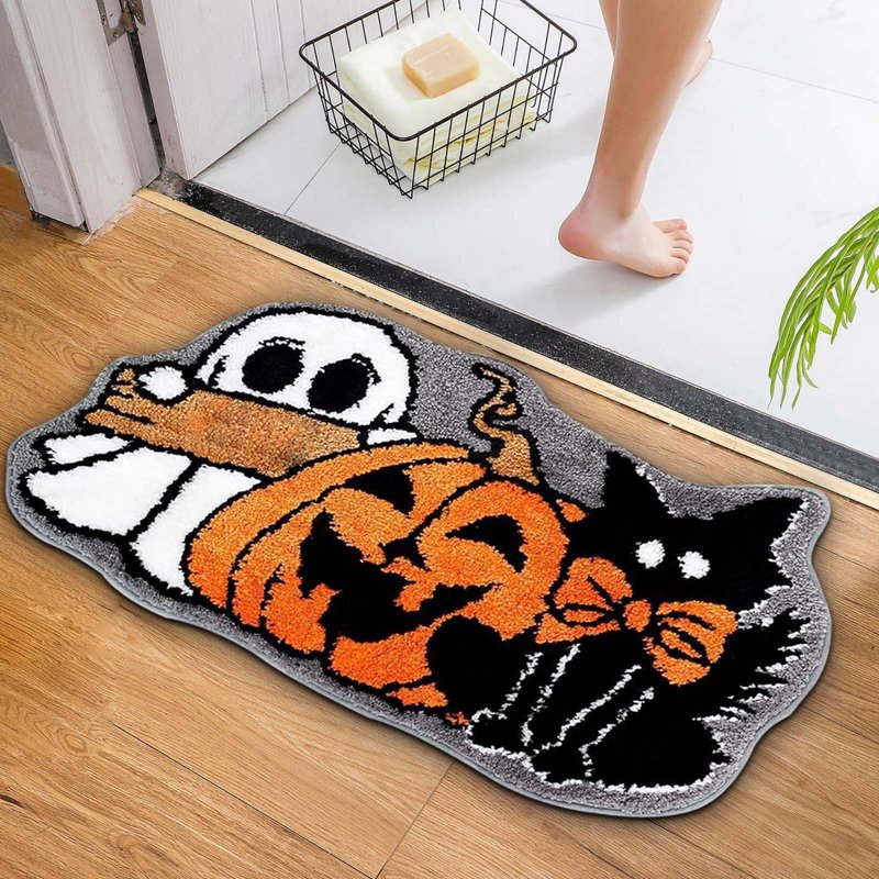 Halloween Door Mat 24x16 Inch Ghost Bath Rug - Grey, Non Slip, Plush, Spooky Decor
