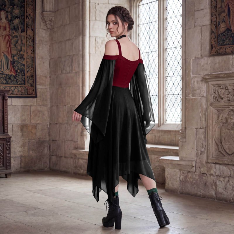 Women’s Gothic Witch Costume Dress - Renaissance Medieval Vampire Deep Red 3XL Variation