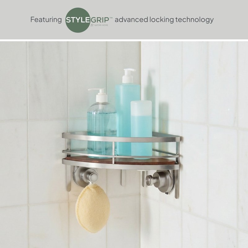 Corner Shower Caddy with Satin Nickel Finish & Acacia Wood Tray - Suction Mount, No Drilling