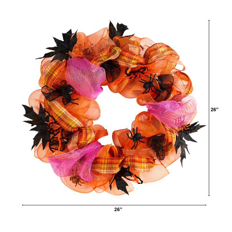 Halloween Spider Mesh Wreath - 26 Inch Orange Decor for Door or Wall
