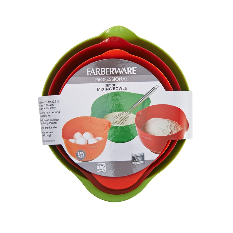 Set of 3 Plastic Mixing Bowls - 2.5qt, 3.5qt, 4.5qt - Assorted Colors