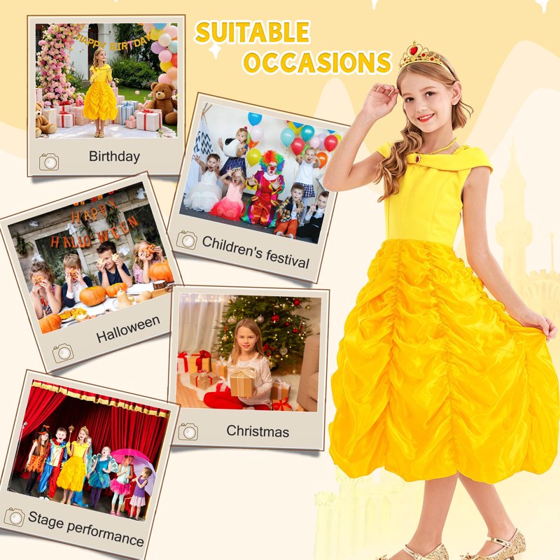 Girls Princess Dress Off Shoulder Costume G010-Yellow 8 (6-7 Years) - Little Girl Halloween Birthday Outfit