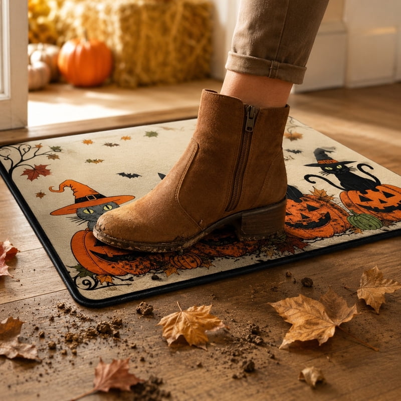 Halloween Doormat with Pumpkins & Ghosts - Non-Slip Absorbent Floor Mat, 15.8x23.6 Inch, Easy to Clean, T Variation