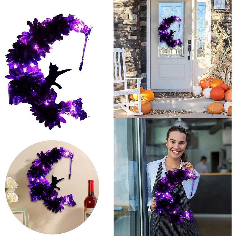 Halloween Wreath with Lights and Black Cat Decor for Front Door 13.77"