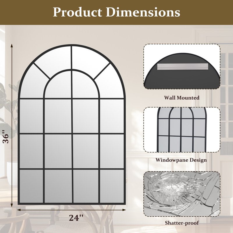 24x36 Arched Windowpane Mirror Wall Mirror Bathroom Mirror Black - Modern Decor