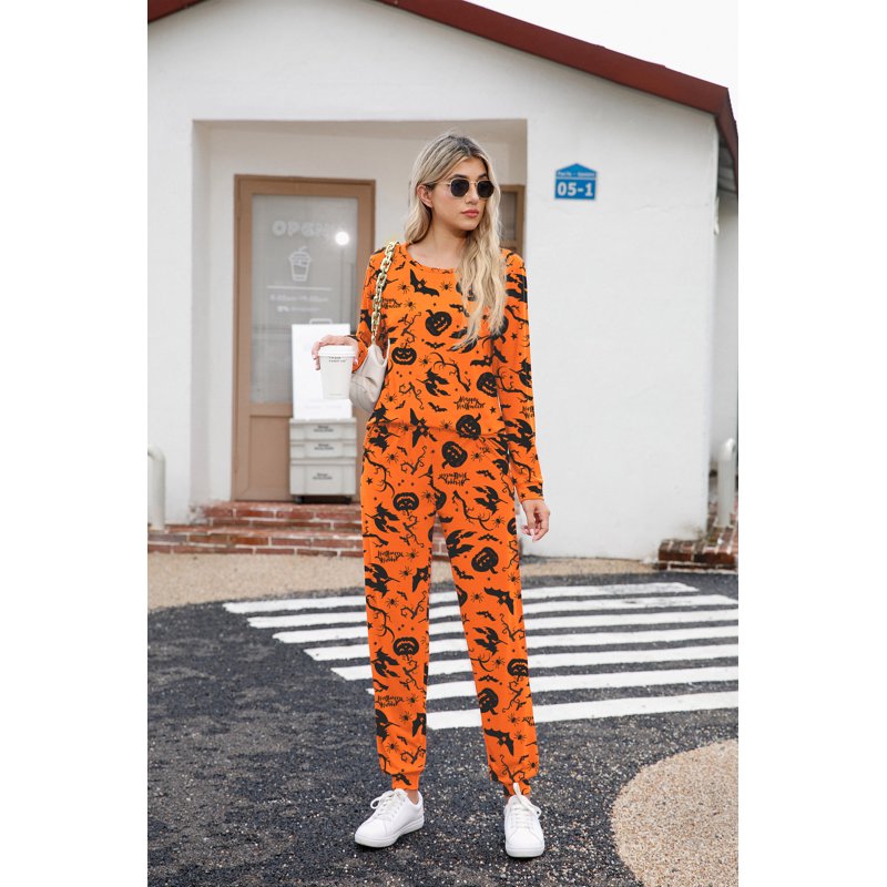 Halloween Womens Pajama Set Long Sleeve Sleepwear with Pockets - Yellow Pumpkin Witch, 2XL